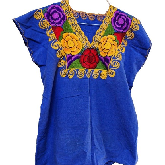 Biue Embroidered Mexican Top Size L Boho Hippie Gypsy Ethnic - Picture 1 of 3